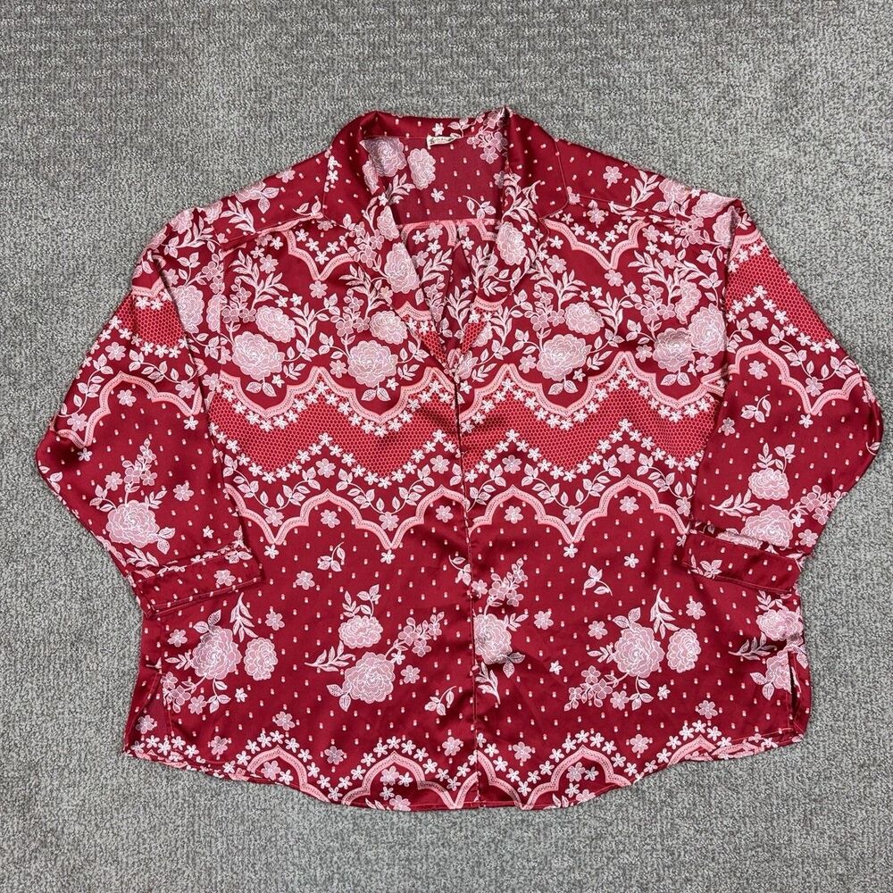 Free People Top Womens Large Red Floral Print Satin Button Blouse Boho Western